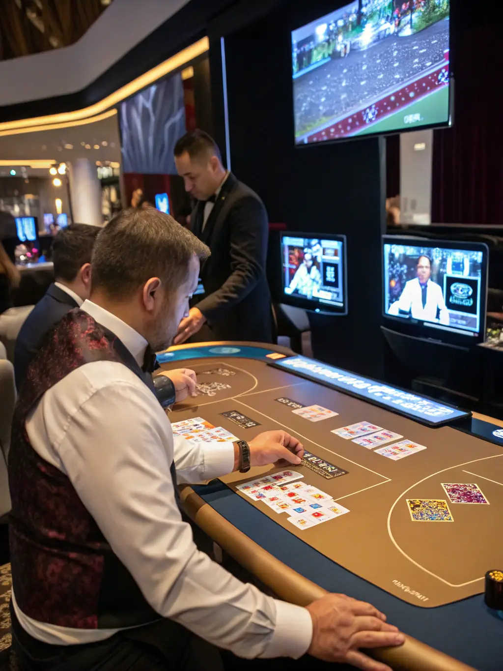 A vibrant image showcasing a live dealer at a Super Ace Live Casino table, with cards being dealt and players engaged in the game.